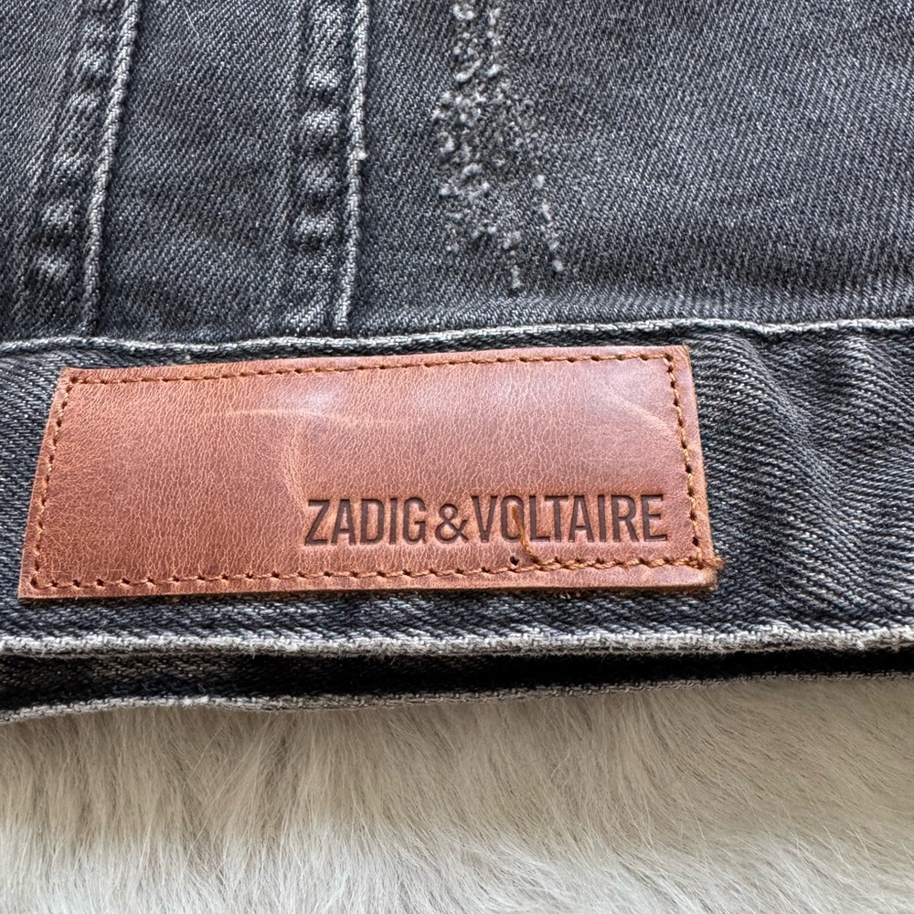Zadig & Voltaire Dark Gray/Black Denim Jacket with Live Now patch on the back.